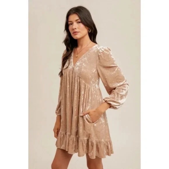 Champagne Crushed Velvet V-Neck Babydoll Bubble Sleeve Holiday Cocktail - Picture 3 of 4